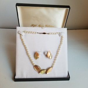 Fifth Avenue Collection Necklace & Earrings Faux Pearl & Abalone Hand Made